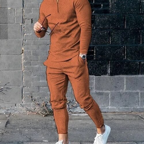 Mens Long-sleeve Zip-up Top And Pants Two-piece Set