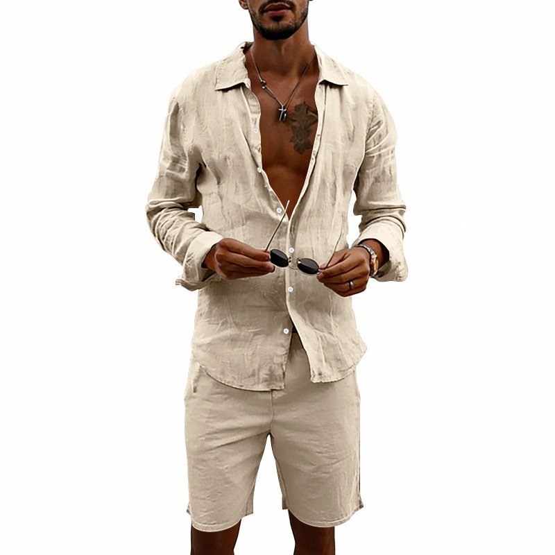 Men's Linen Casual Loose-Fit Long-Sleeve Shirt And Shorts Set
