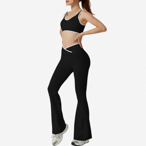 Contrast Color Round Neck Shoulder Strap Yoga Bra Bell-bottom Pants Suit