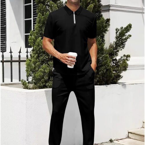 Summer Lightweight Zip Front Pants And Short Sleeve Top Set