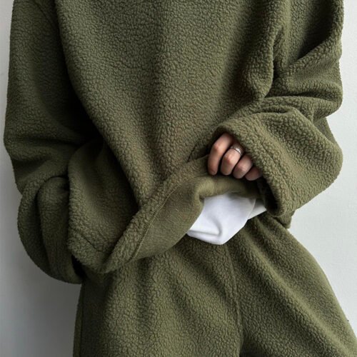 Lazy And Relaxing Army Green Collar Particle Velvet Men's Set