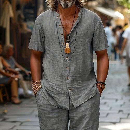 Cotton-linen Short-sleeve Shirt And Loose-fitting Shorts Two-piece Set