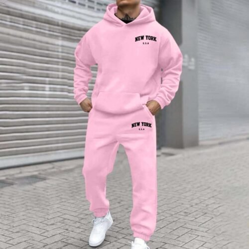 Mens Fleece-Lined Hooded Printed Sweatshirt And Hoodie Set