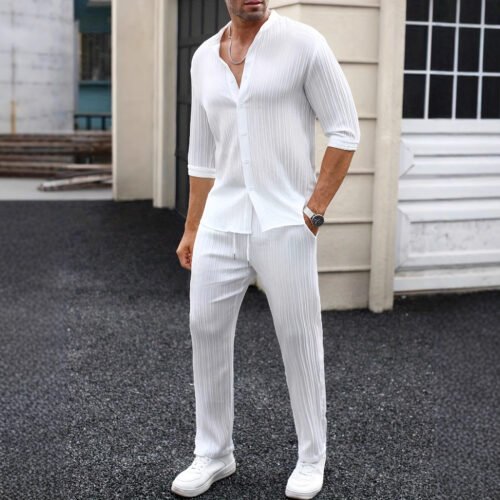 Mens Solid-Color SpringSummer Shirt And Pants Set