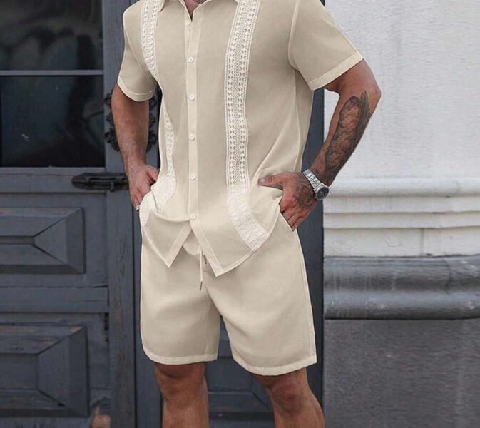 Mens Lapel-printed Short-sleeve Shirt And Shorts Set