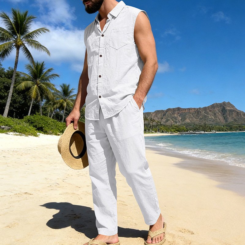 Mens Loose Linen Casual Sleeveless Shirt And Straight-Leg Pants Set