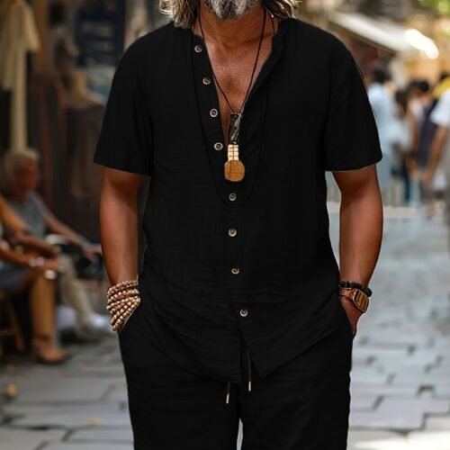 Cotton-linen Short-sleeve Shirt And Loose-fitting Shorts Two-piece Set