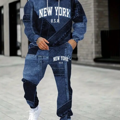 Mens Lettered Denim Hoodie With Fashionable 3D Print