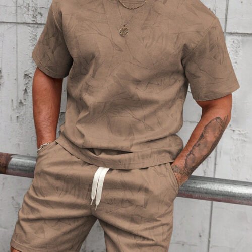 Mens Casual Outdoor Sports Printed Short-Sleeve Top And Shorts Two-Piece Set
