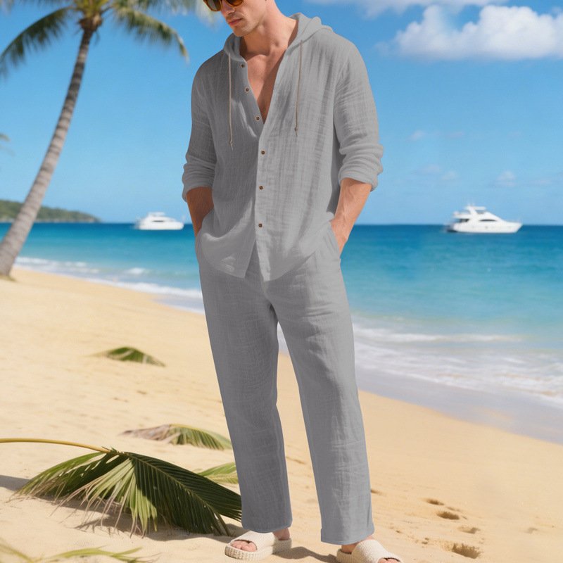 Loose, Breathable Linen Casual Hooded Long-sleeve Shirt And Pants Set