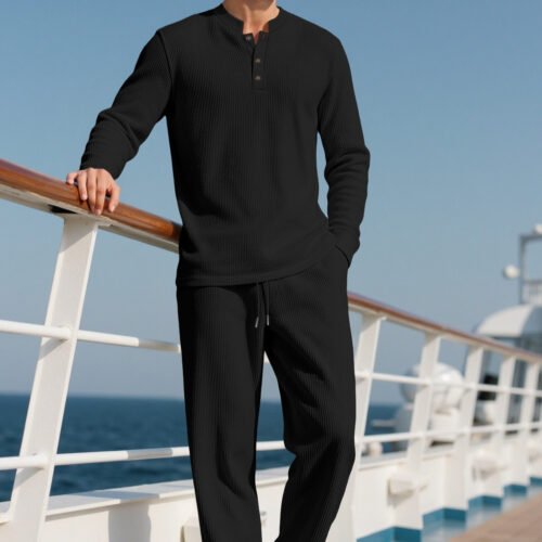 Mens Casual Solid-Color Button-Down Crew-Neck Long-Sleeve Pants Set
