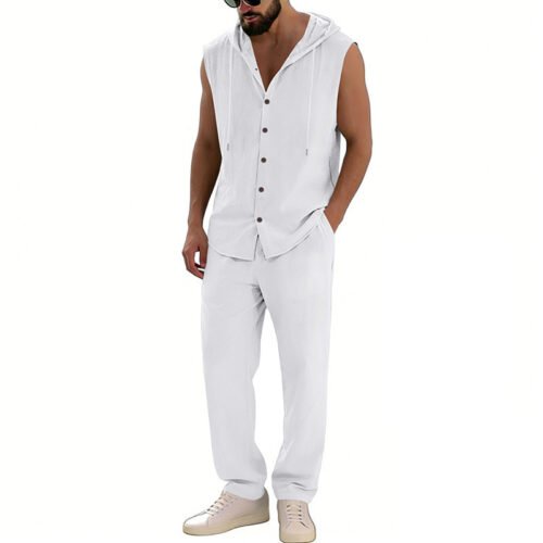 Loose-fitting Casual Hooded Sleeveless Shirt And Pants Set