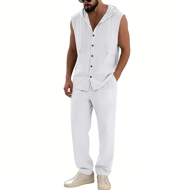 Loose-fitting Casual Hooded Sleeveless Shirt And Pants Set