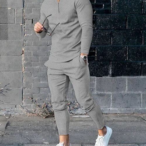 Mens Long-sleeve Zip-up Top And Pants Two-piece Set
