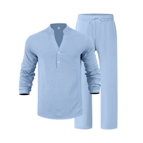 Mens Loose-Fit Long-sleeved Suit Casual Breathable V-Neck Henley Shirt And Long Pants Set Beach Clothing