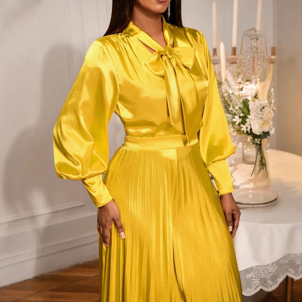 Sexy V-neck Bow Long Sleeve Top Elegant Pleated Wide Leg Trousers Suit