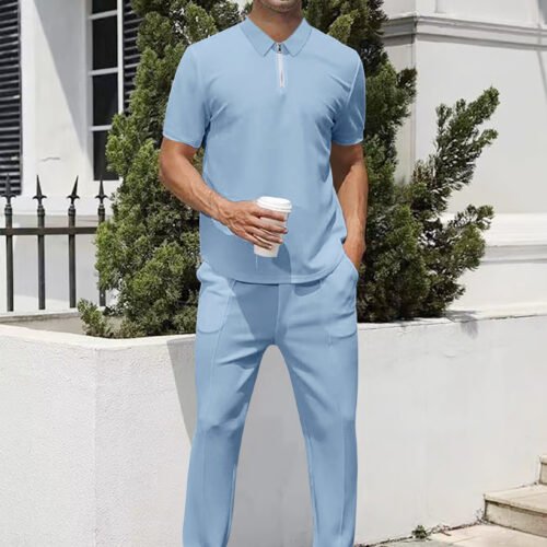Summer Lightweight Zip Front Pants And Short Sleeve Top Set