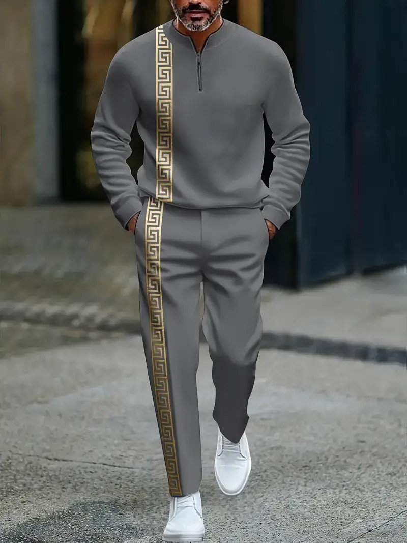 Long-sleeve Polo Shirt Long Pants Half-zip Placket Casual Sportswear Set