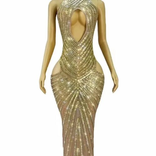 Womens Sexy Mesh Hollow-Out Nightclub Stage Dress Performance Outfit Evening Gown