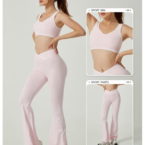 Contrast Color Round Neck Shoulder Strap Yoga Bra Bell-bottom Pants Suit