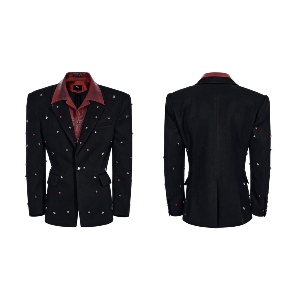 Leather-look Black Studded Design Jacket And Casual Pants Set