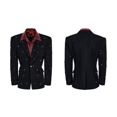 Leather-look Black Studded Design Jacket And Casual Pants Set