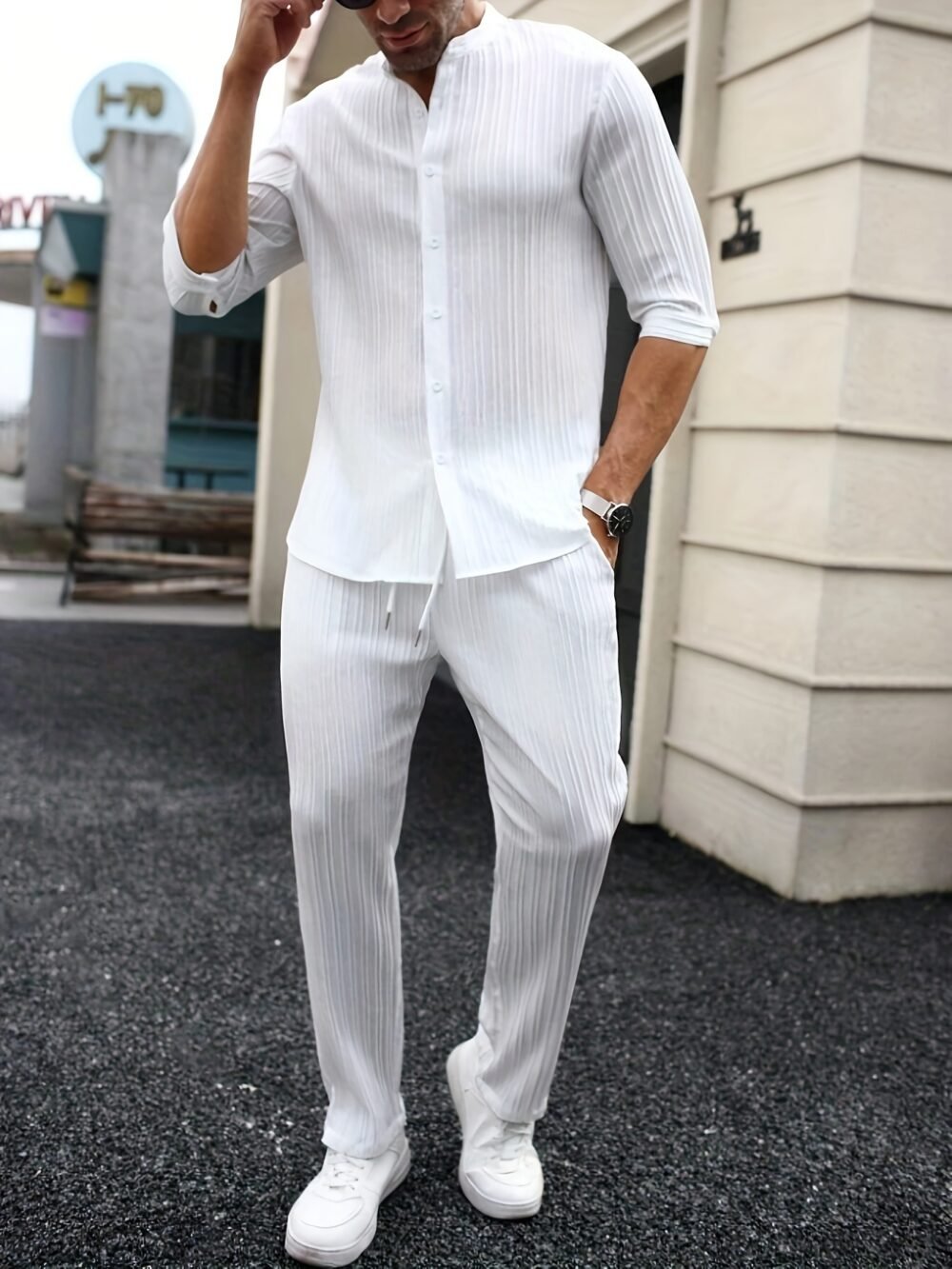 Mens Solid-Color SpringSummer Shirt And Pants Set