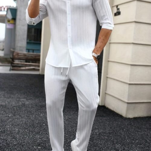 Mens Solid-Color SpringSummer Shirt And Pants Set