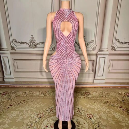 Womens Sexy Mesh Hollow-Out Nightclub Stage Dress Performance Outfit Evening Gown