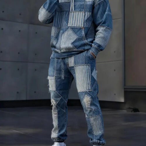 Mens Lettered Denim Hoodie With Fashionable 3D Print