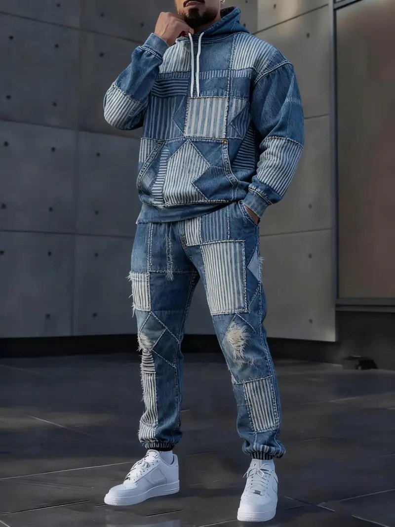 Mens Lettered Denim Hoodie With Fashionable 3D Print