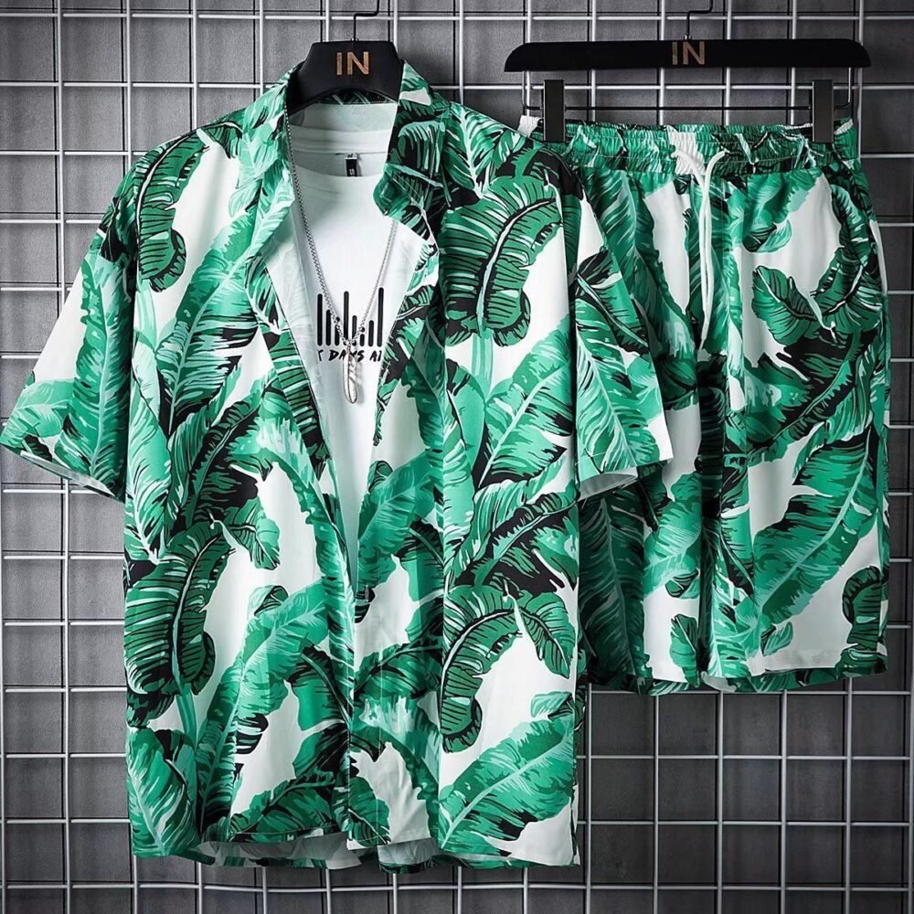 Mens Short-Sleeve Shirt And Casual Shorts Set