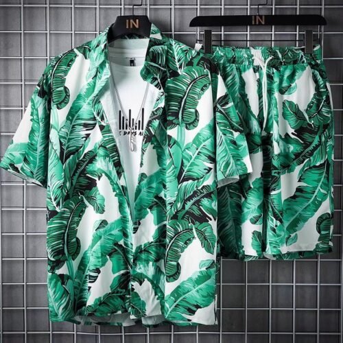 Mens Short-Sleeve Shirt And Casual Shorts Set