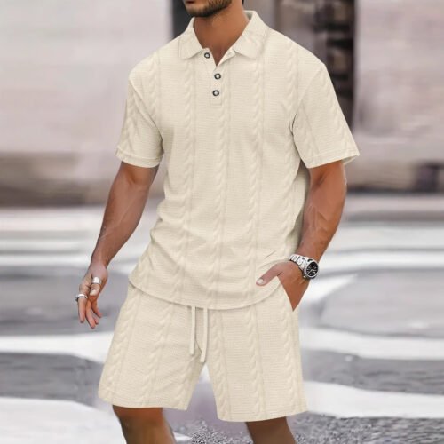 Mens Athletic Set Lapel-collar Short-sleeve Top With Shorts