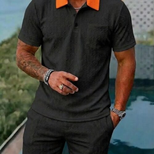 Mens Fashionable Breathable Color-Block Pocket Short-Sleeve Set