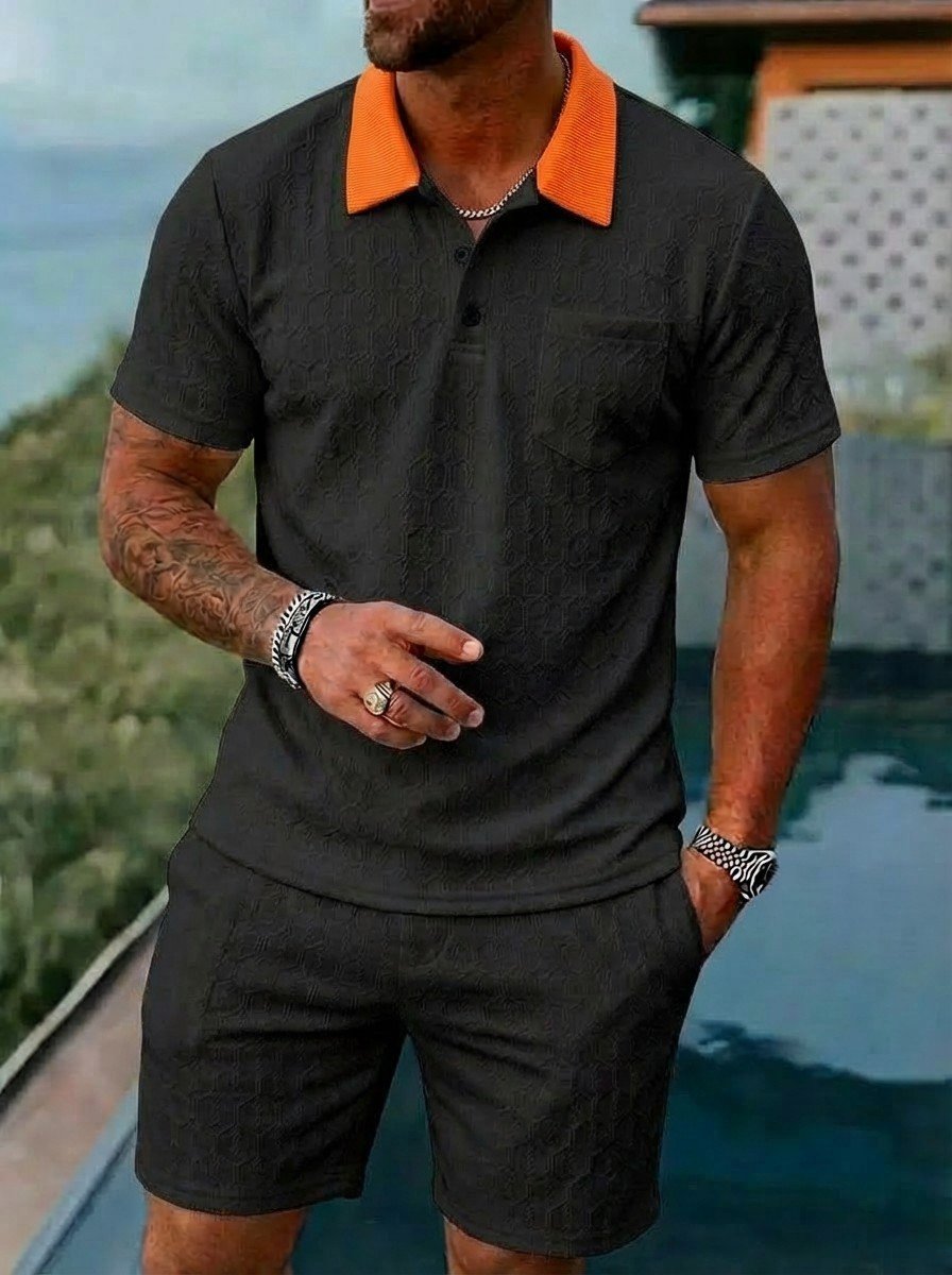 Mens Fashionable Breathable Color-Block Pocket Short-Sleeve Set