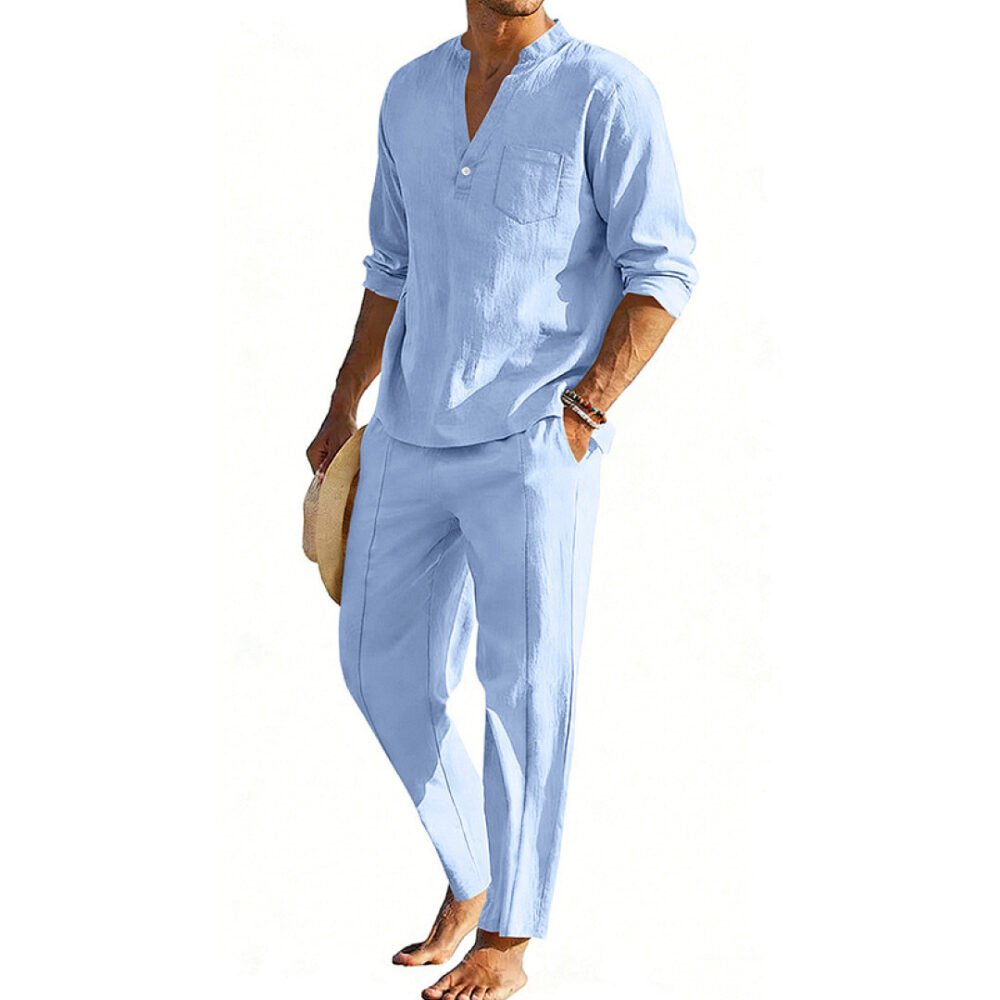 Casual Men's Henley Long-Sleeve Straight-Leg Pants Set