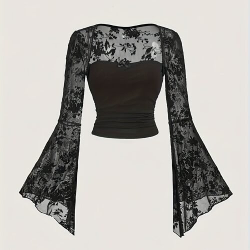 Lace-embellished Chic And Sexy Mesh Long-sleeve Top