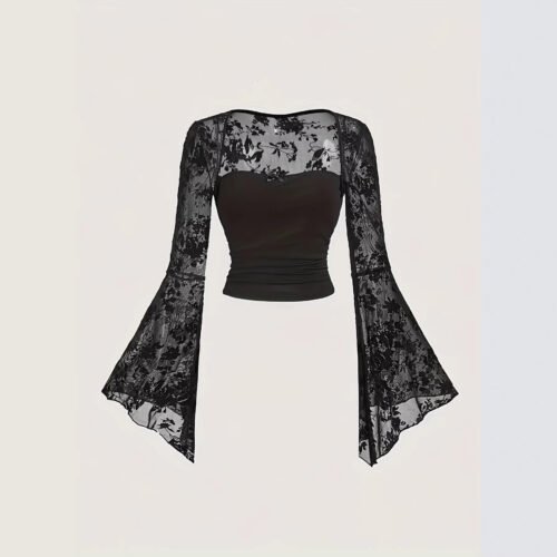 Lace-embellished Chic And Sexy Mesh Long-sleeve Top