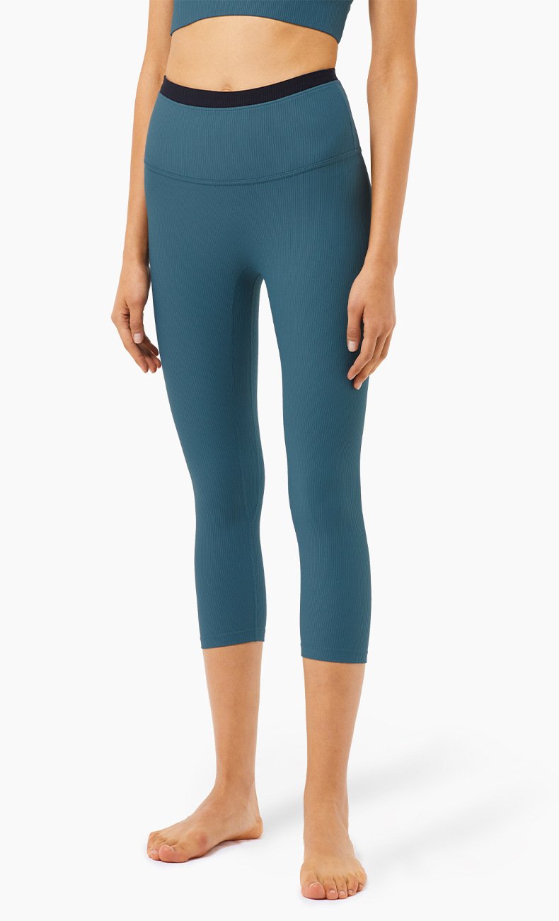 Ribbed High Waist Slim Yoga Pants Contrasting Color Waist