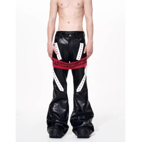 Mens Autumn Winter Color-Block Flared Leather Pants With Ribbon Design