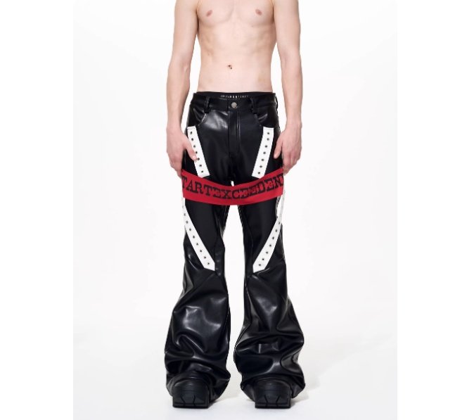Mens Autumn Winter Color-Block Flared Leather Pants With Ribbon Design