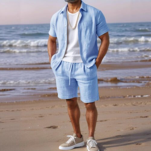 Men's Casual Linen Loose-Fit Button-Up Shirt With Lapel Collar