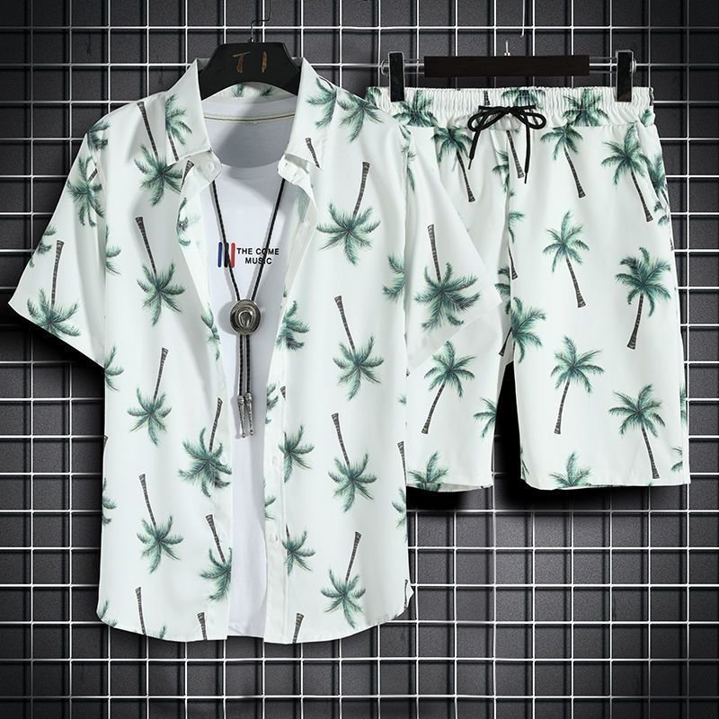 Mens Short-Sleeve Shirt And Casual Shorts Set
