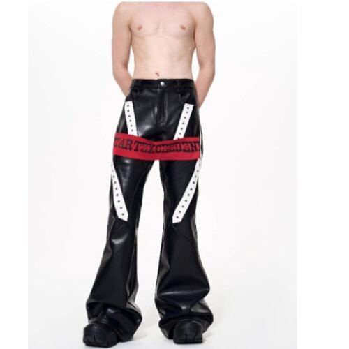 Mens Autumn Winter Color-Block Flared Leather Pants With Ribbon Design
