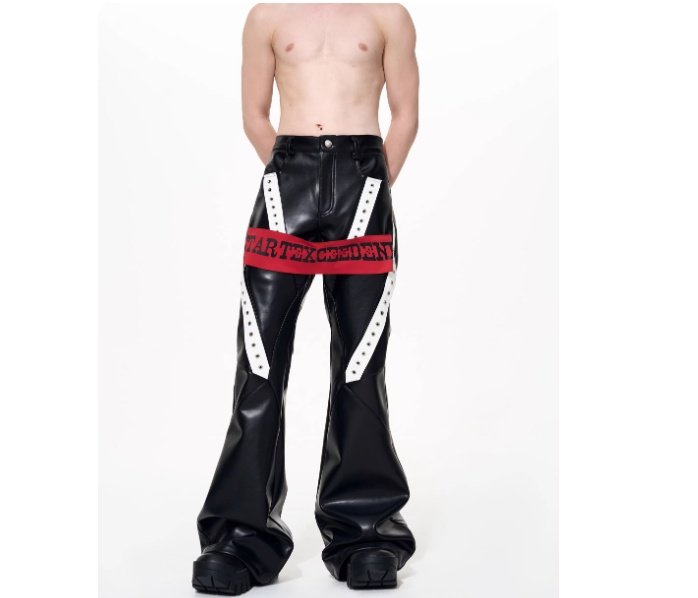 Mens Autumn Winter Color-Block Flared Leather Pants With Ribbon Design
