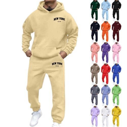 Mens Fleece-Lined Hooded Printed Sweatshirt And Hoodie Set