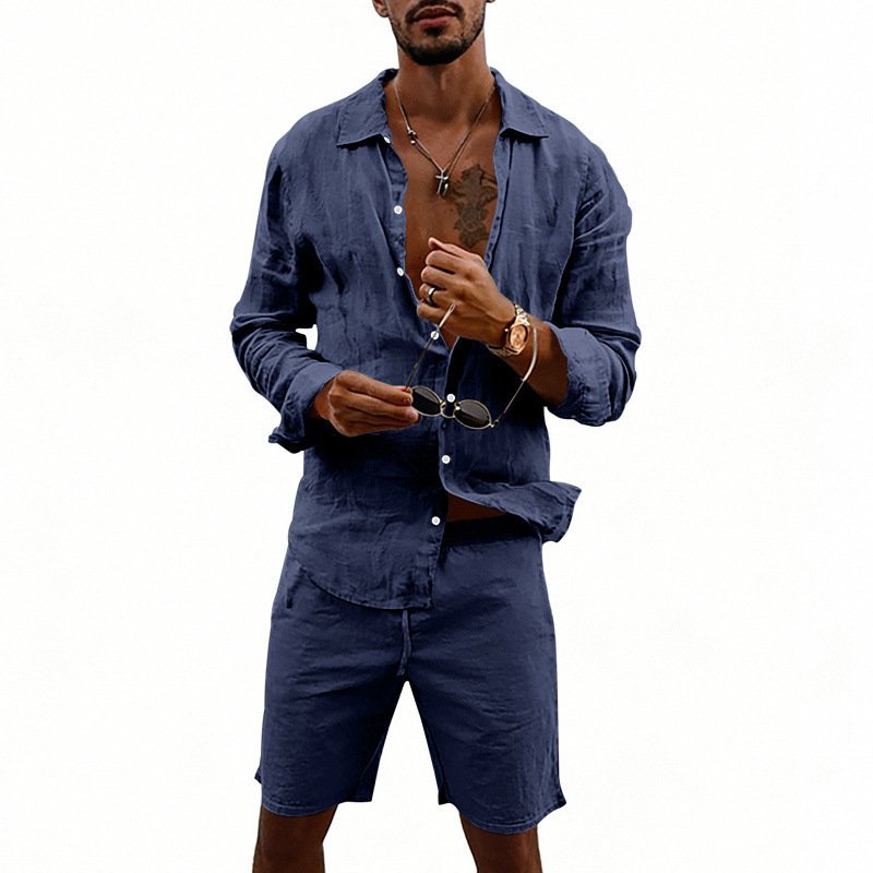 Men's Linen Casual Loose-Fit Long-Sleeve Shirt And Shorts Set
