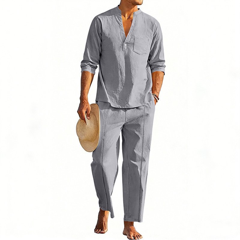 Casual Men's Henley Long-Sleeve Straight-Leg Pants Set