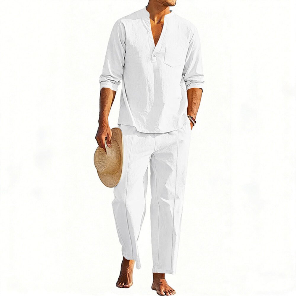 Casual Men's Henley Long-Sleeve Straight-Leg Pants Set